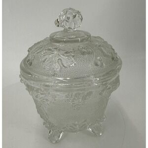 Vintage Jeannette Glass Covered Footed Candy Dish Harvest Grape Stippled Pattern